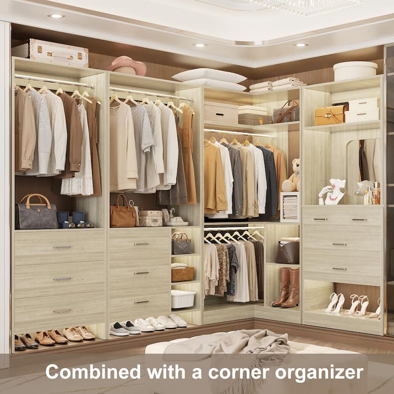 Cimly Set of 3 Closet Organizers with Drawers and Mirror, Freestanding Closet System with Hanging Rods