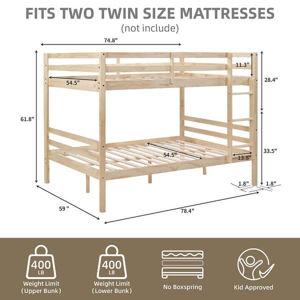 dimension image slide 1 of 4, Full over Full Wooden Bunk Bed,High Guardrail,Ladder,Kids Teens,Dorm