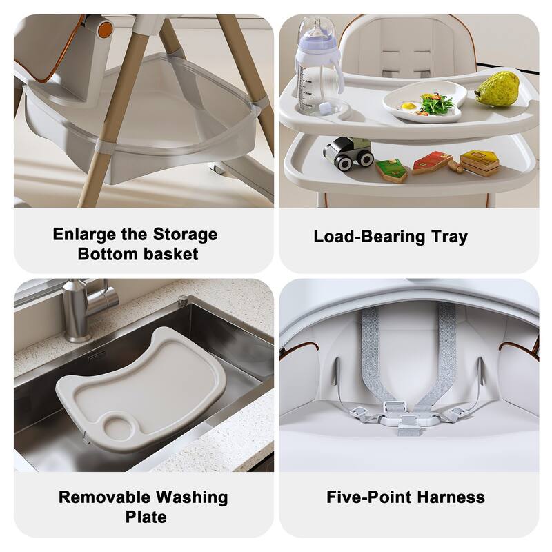 Adjustable Foldable Baby High Chair with Tray and Wheels for 0 6 Years
