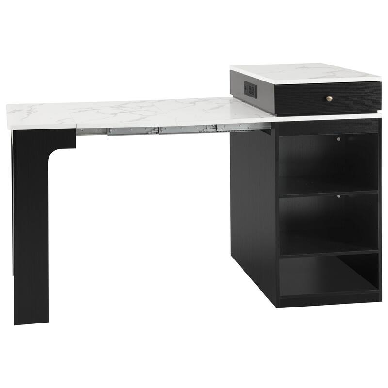 Kitchen Island with Extendable Dining Table, Kitchen Storage Table with 2 Drawers, Power Outlet, Open Shelves, for Diningroom