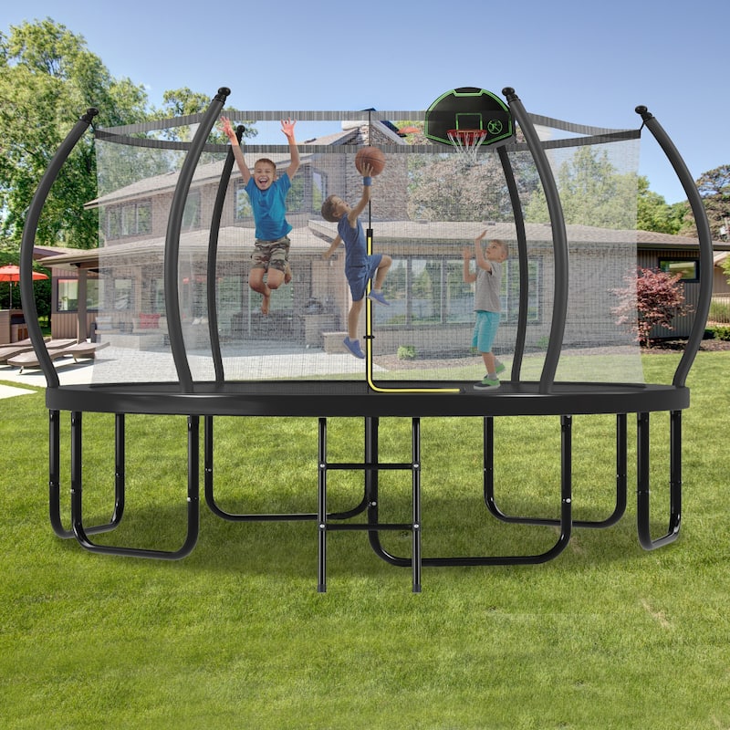 16FT Trampoline with Basketball Hoop for Kids and Adults, Round Outdoor Trampoline with Enclosure Net & Curved Poles & Ladder - Black