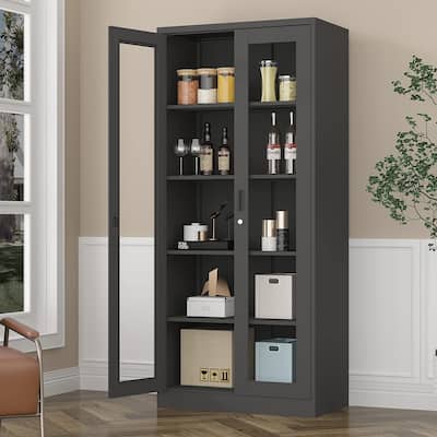 Display Cabinet with Glass Door and 4 Adjustable Shelves - N/A