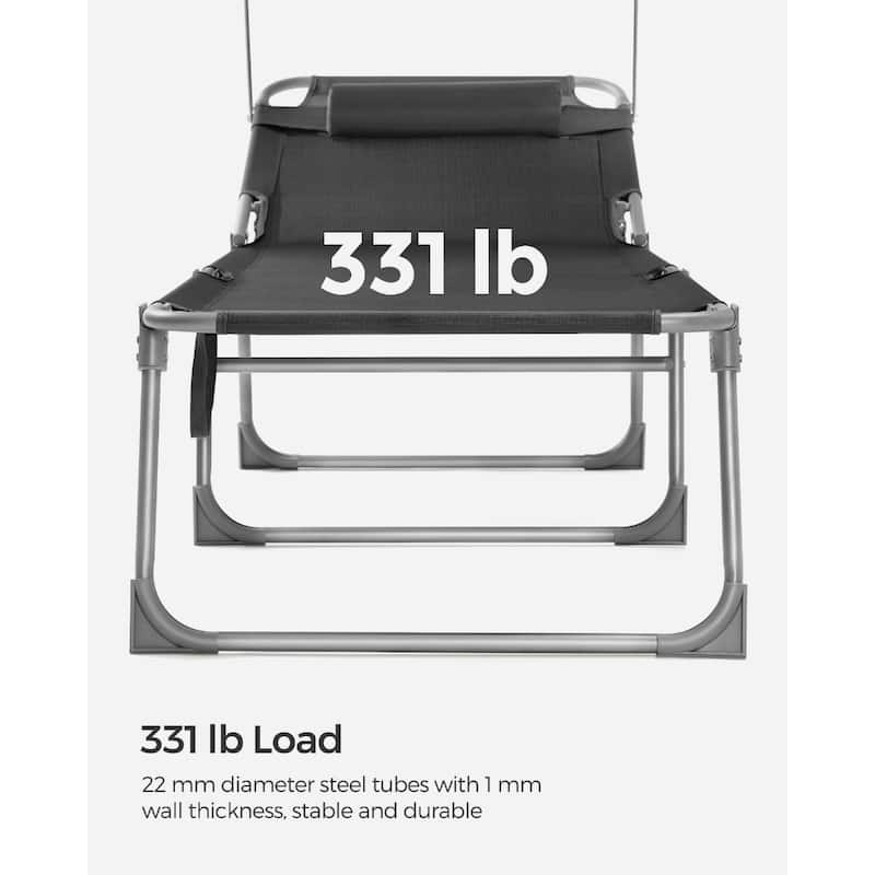 Steel Folding Sun Lounger with Adjustable Recline, Detachable Headrest and Sunshade - 76"D x 20.9"W x 11.4"H