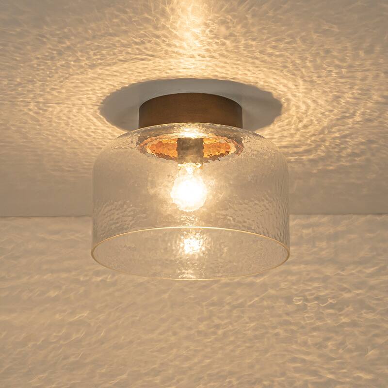 1-Light Wood Flush Mount Ceiling Light with Clear Textured Glass Shade - Dia.11.81-in