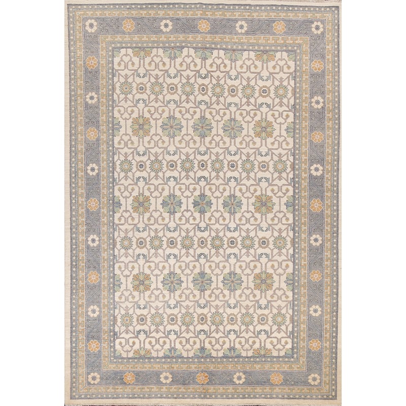 Vegetable Dye Geometric Khotan Oriental Area Rug Handmade Wool Carpet - 6'8" x 9'8"