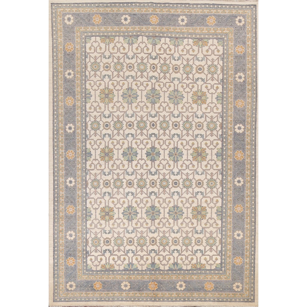 Vegetable Dye Geometric Khotan Oriental Area Rug Handmade Wool Carpet - 6'8" x 9'8"