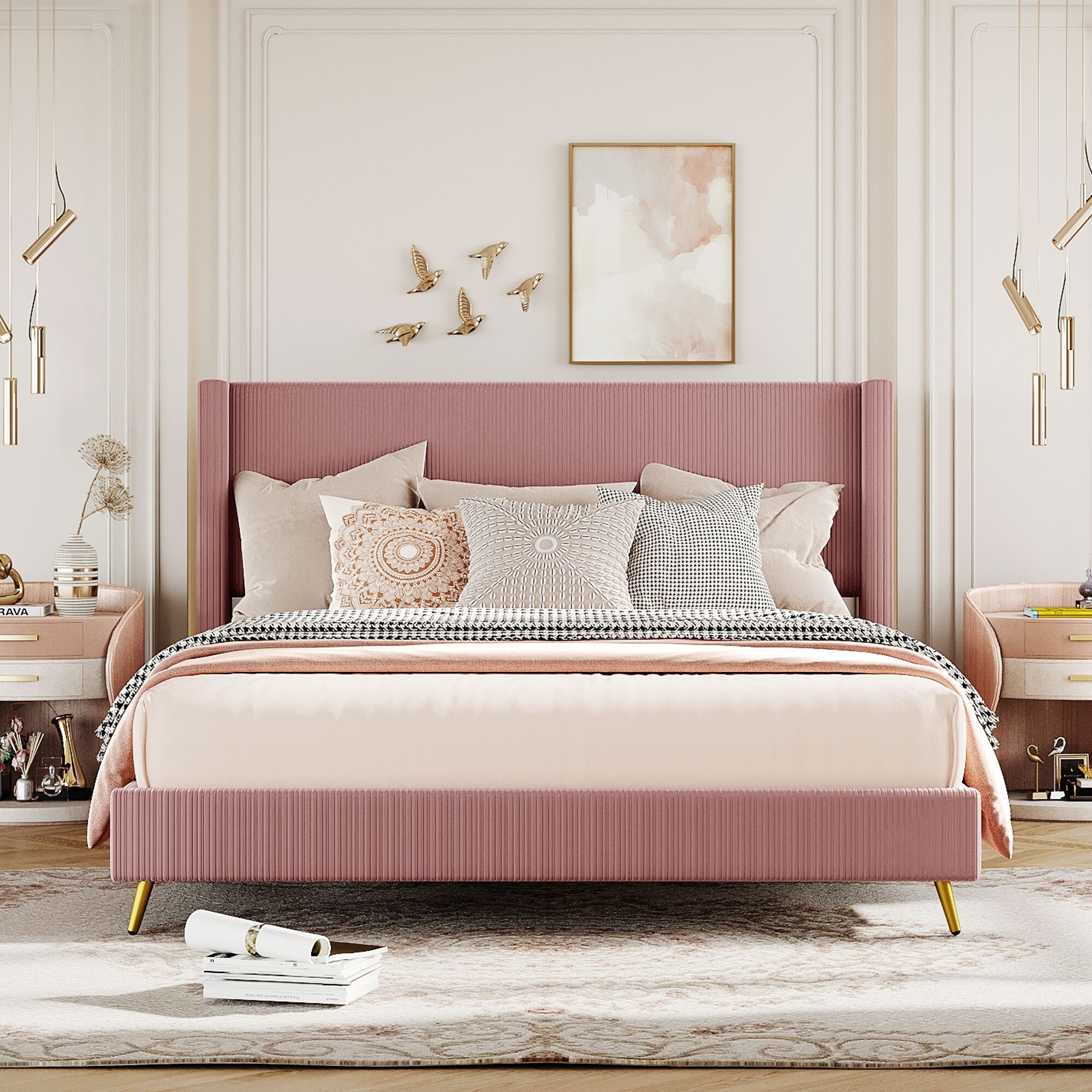 Pink tufted bed shop queen