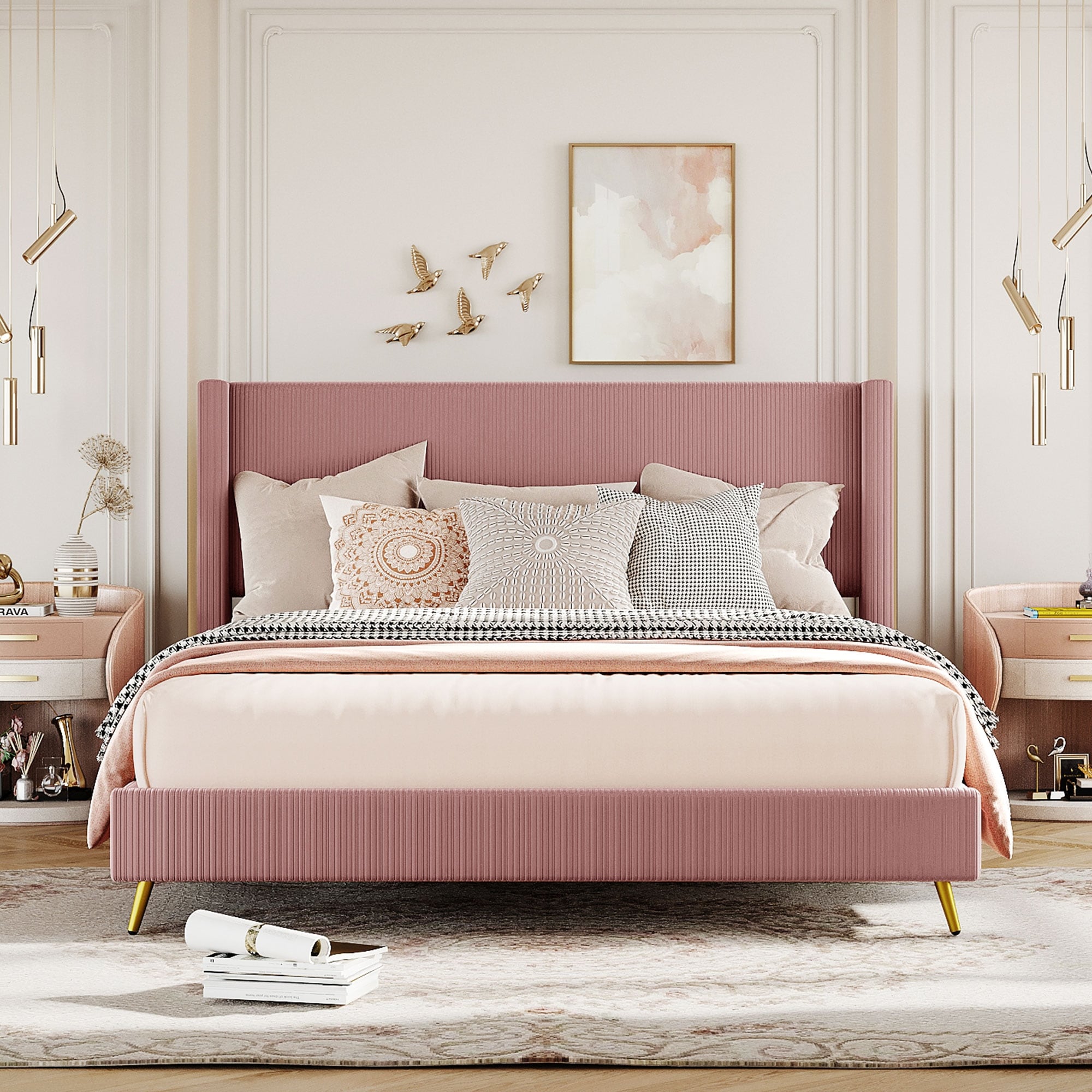 Queen Platform Bed with Corduroy Upholstered Headboard Metal