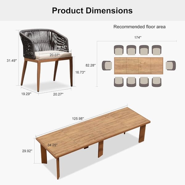 dimension image slide 2 of 3, PURPLE LEAF 11 Pieces Outdoor Dining Set Metal Rattan Furniture Set for Lawn Backyard Patio Dining Set