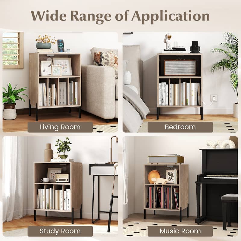 Gymax Record Player Stand w/Charging Station 5 Storage Compartments