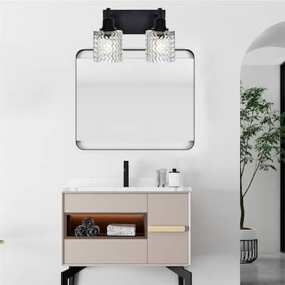 2-Light Industrial Black Wall Sconce with Hammered Glass Shades