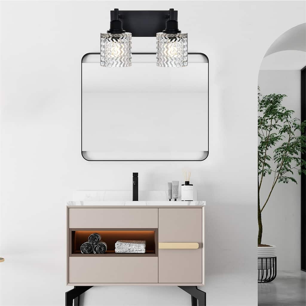2-Light Industrial Black Wall Sconce with Hammered Glass Shades