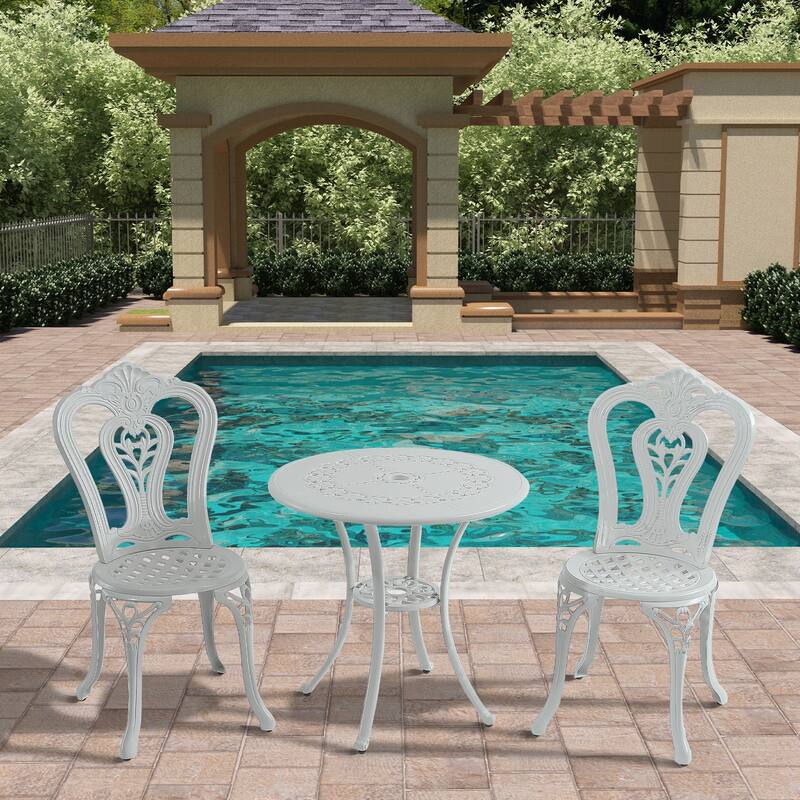 3-Piece Cast Aluminum Bistro Table and Chairs Set - White