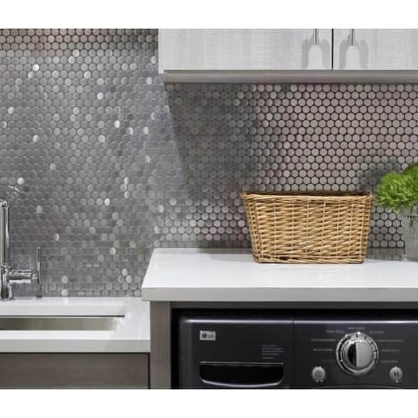 slide 2 of 2, Apollo Tile 5 pack Silver 11.7-in x 11.7-in Polished Stainless Steel Penny Mosaic Wall Tile (4.75 sq ft/case)