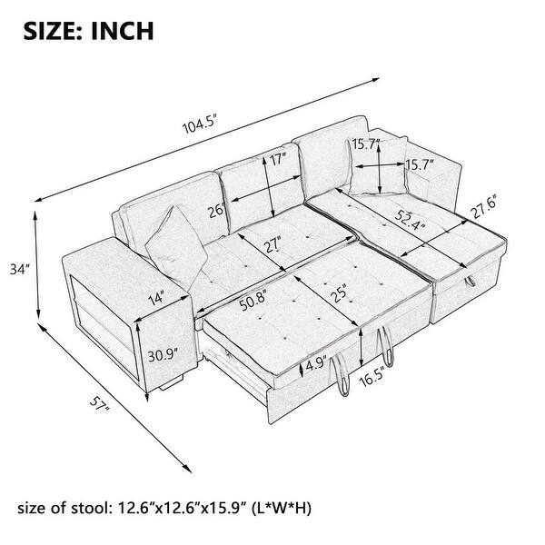 Convertible Design L-Shape Pull Out Sleeper Sofa Reversible 3 Seat Sectional Couch with Storage Chaise & 2 Stools