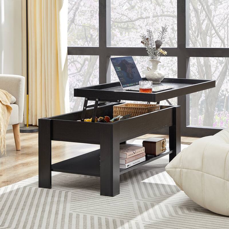 VECELO Lift Top Coffee Table with Hidden Storage and Open Shelves–Modern Center Table for Living Room and Small Spaces
