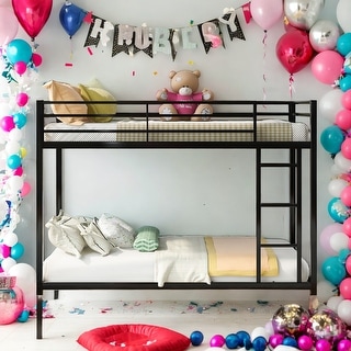 Twin over Twin Modern Design Metal Bunk Bed, Low Bunk Bed with Ladder, Easy Assembly, Metal Frame Construction, Black