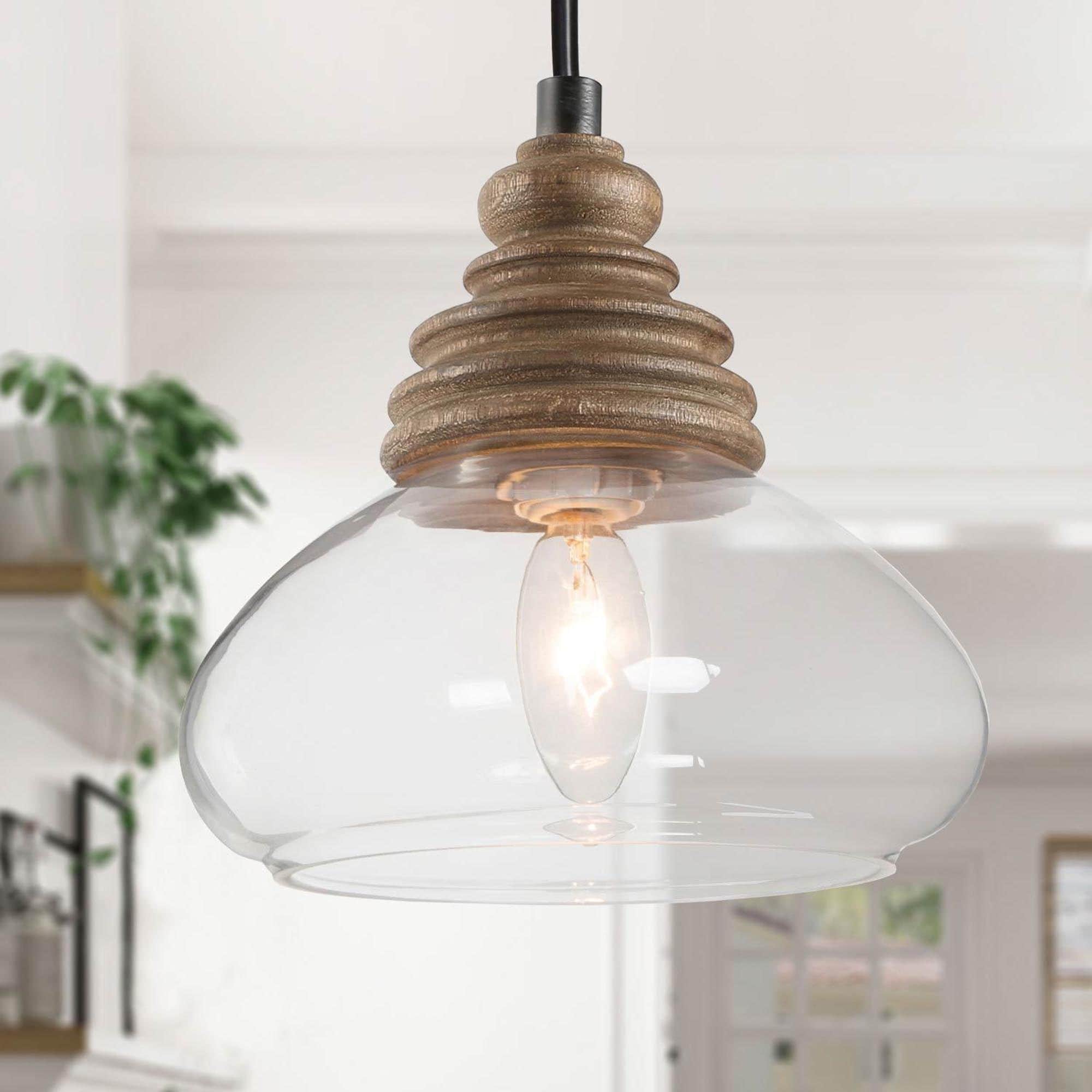 LALUZ Modern Farmhouse 1-Light Wood Pendant Light with Glass Shade for Kitchen Island - 7.5'' L x 7.5'' W x 7.5'' H