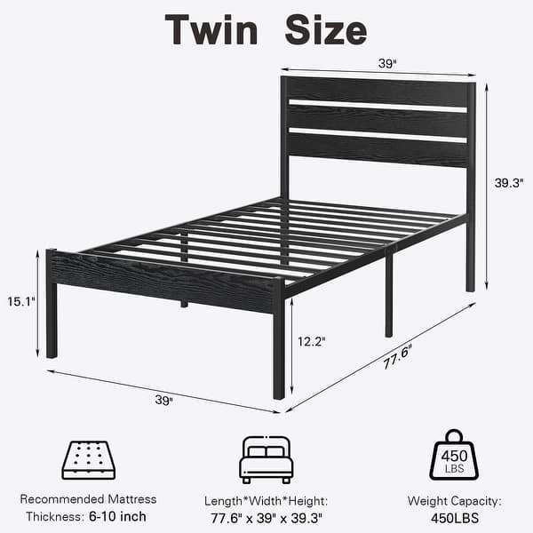 dimension image slide 2 of 3, VECELO Twin Size Kids Bed Frames Set with Headboard and Footboard 2-Pack Wooden Rail Headboard Kids Bed