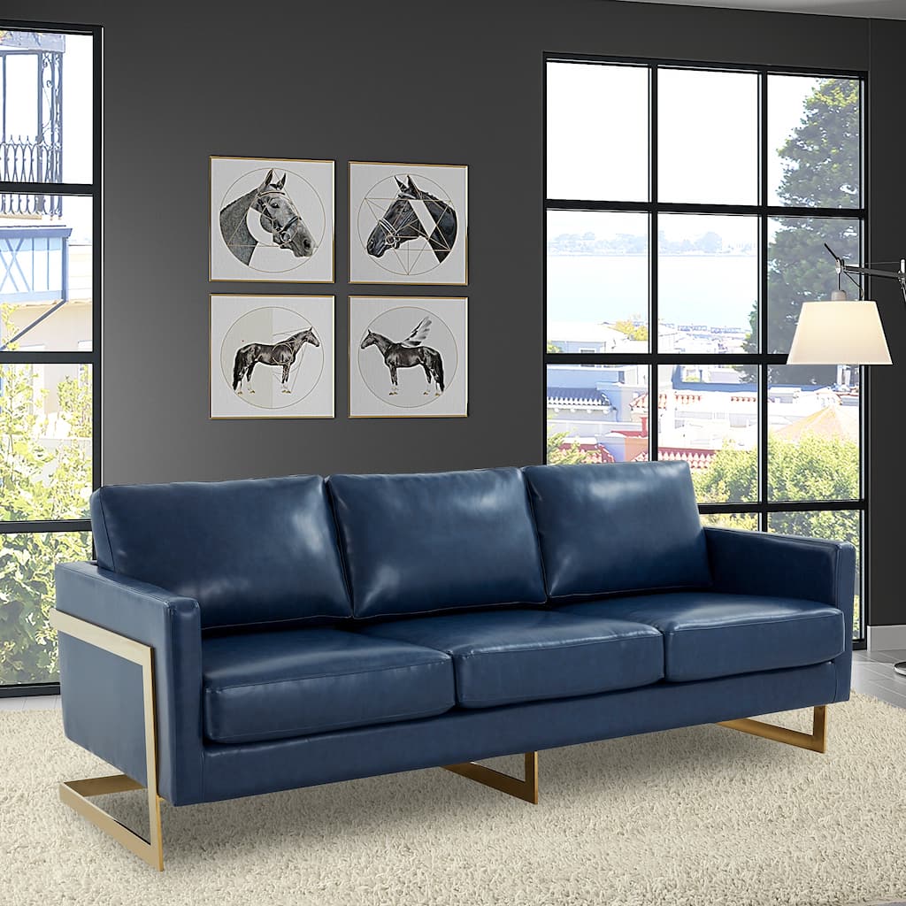 Lincoln Modern 83 In Leather Sofa - Gold Stainless Steel Base 3 Seater Couch - Solid Wood Frame Luxurious Living Room Lounge