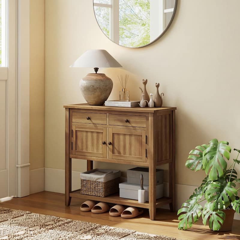 Costway Mid-Century Console Table with 2 Drawers, 2 Cabinets & Bottom - See Details