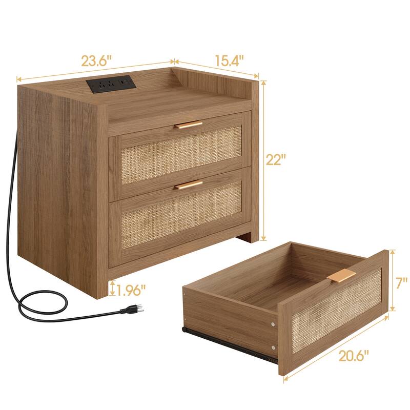 Farmhouse Nightstand with Charging Station and Drawers