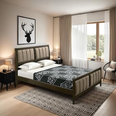 Wily Queen Size Bed, Channel Tufted Upholstered Headboard, Dark Brown