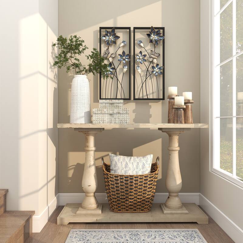 Teal Metal Floral Home Wall Decor with Black Frames and Butterfly Accents (Set of 2)