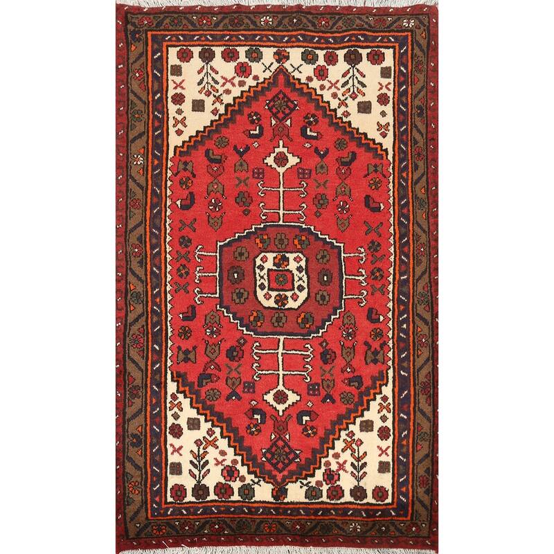Geometric Hamedan Persian Kitchen Area Rug Handmade Wool Carpet - 3'3" x 4'11"