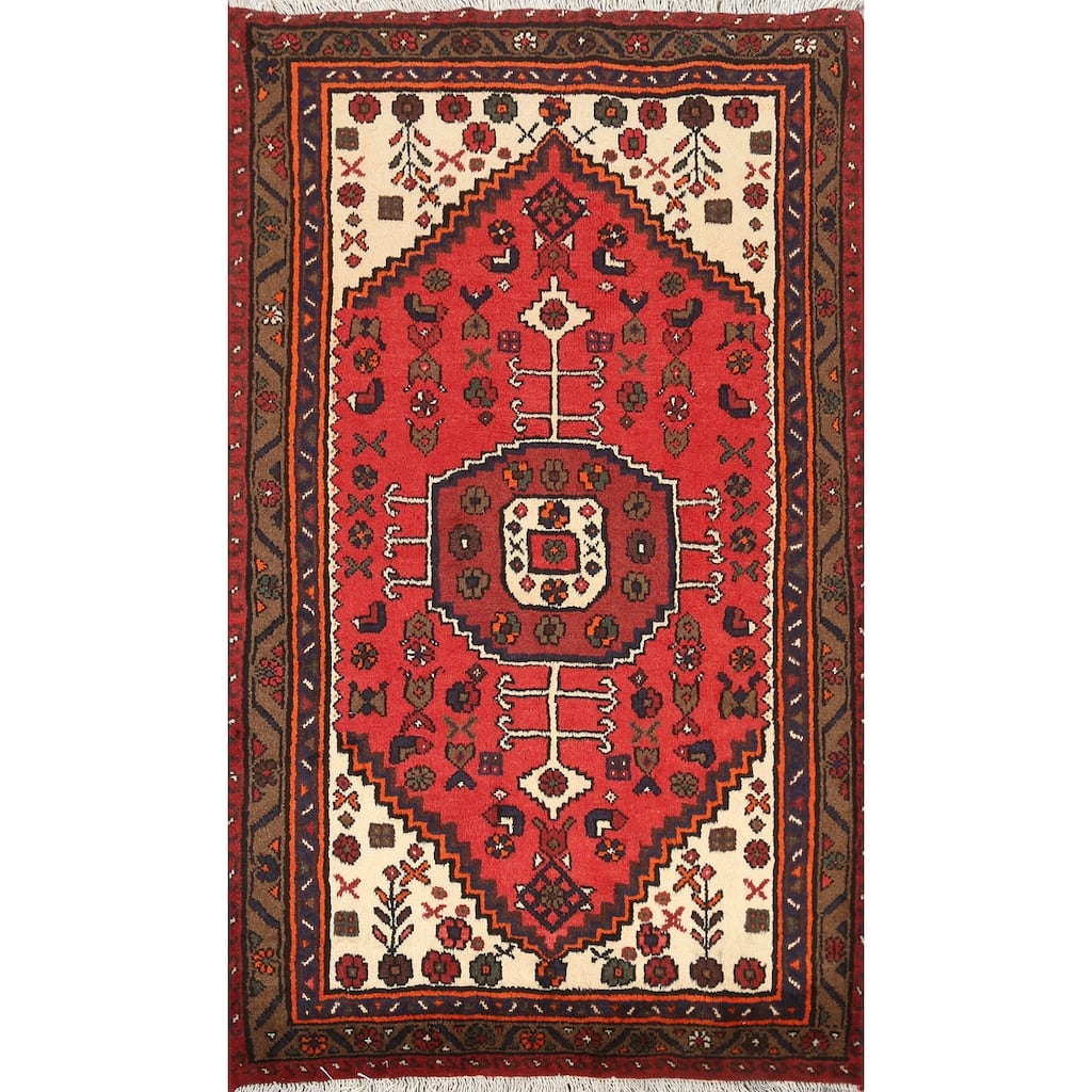 Geometric Hamedan Persian Kitchen Area Rug Handmade Wool Carpet - 3'3" x 4'11"