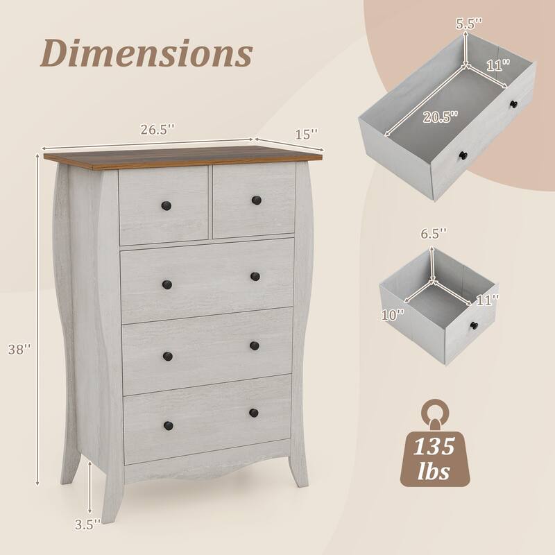 Gymax 2PCS 38'' Farmhouse Chest of Drawers w/ 5 Folding Fabric Drawers