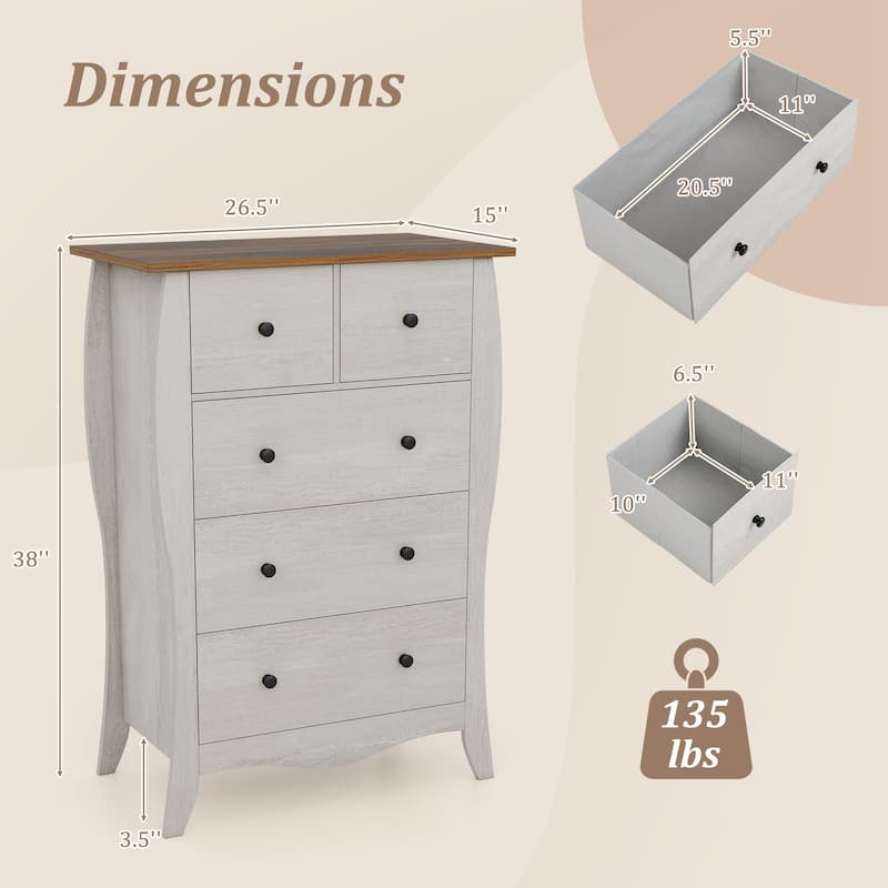 Gymax 38'' Farmhouse Chest of Drawers w/ 5 Folding Fabric Drawers &