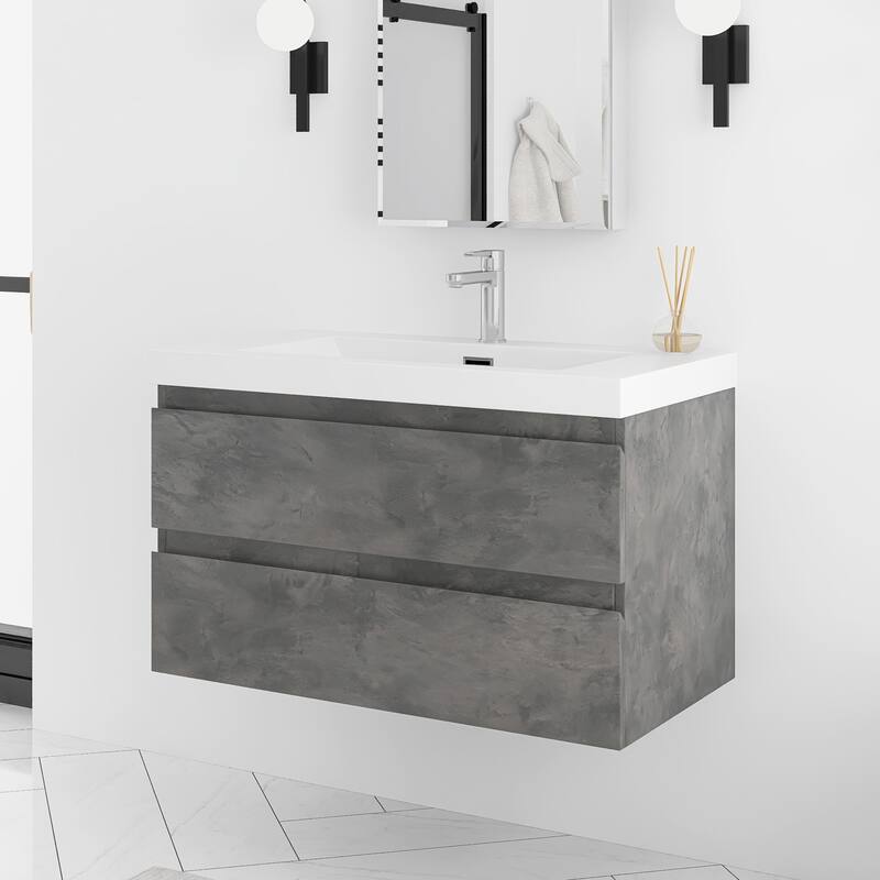 Floating Bathroom Vanity Integrated White Resin Sink