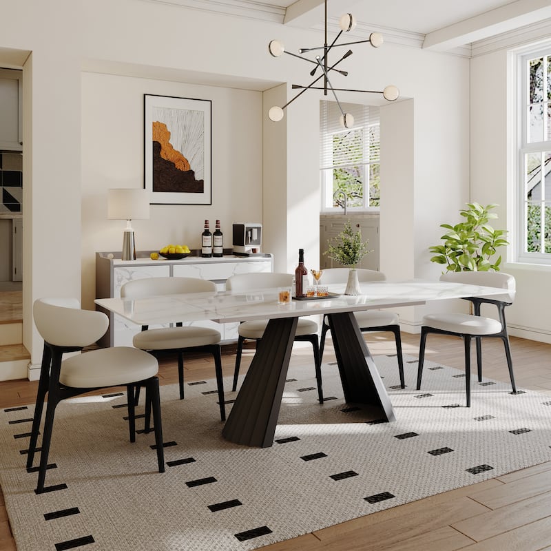 63-95" Extendable Modern Dining Table for 6-10, White Glossy Sintered Stone Tabletop - White