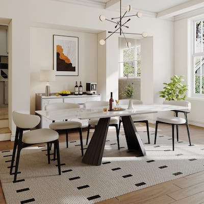 63-95" Extendable Modern Dining Table for 6-10, White Glossy Sintered Stone Tabletop