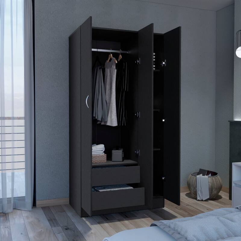 19.69" Modern Three-door Armoire with 2 Drawers and Hanging Rod for Bedroom