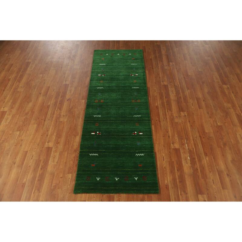 Green Gabbeh Indian Runner Rug Handmade Tribal Wool Carpet - 2'7" x 7'7"