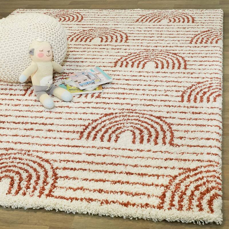 Mod-Tod Hailey Kids Rainbow Print Shag Berber Area Rug - 7'10" x 10' - White/Orange