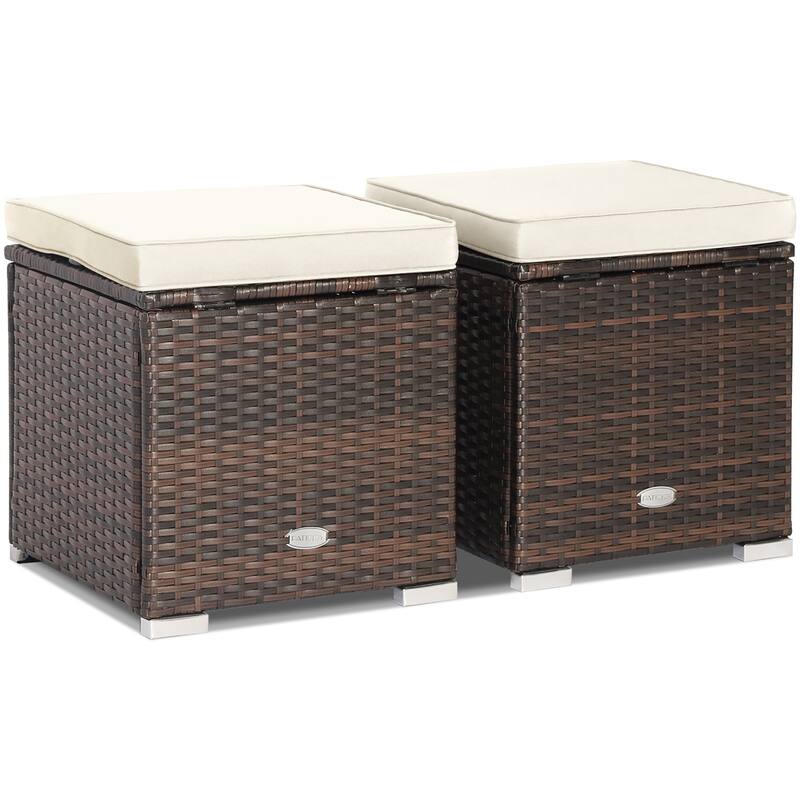 Costway 2PCS Patio Rattan Ottomans Seat Side Table Storage Box - See Details