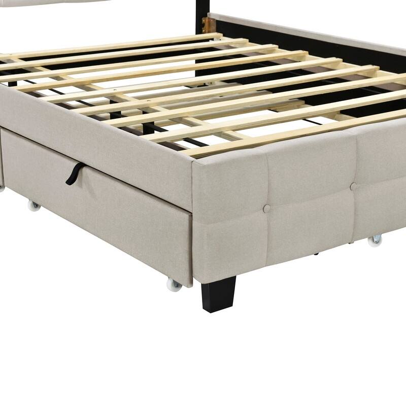 Queen Size Upholstered Platform Bed with LED Frame, with Twin XL Size Trundle and 2 drawers, Linen Fabric