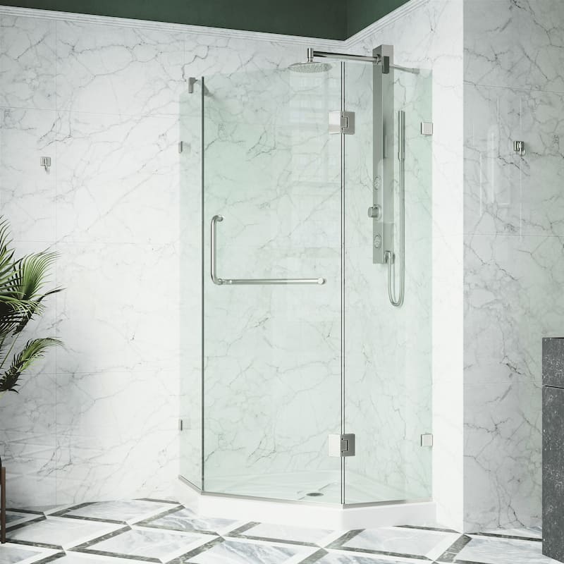 VIGO Piedmont 38"D x 38"W x 77"H Frameless Hinged Neo-Angle Shower Enclosure and Low-Profile Base in Brushed Nickel