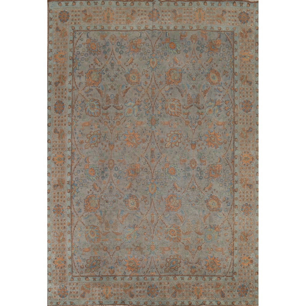 Distressed Floral Tabriz Persian Vintage Rug Hand-Knotted Wool Carpet - 9'9"x 12'8"