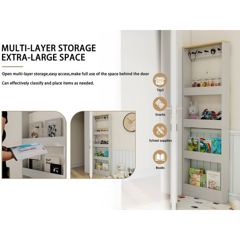 Behind The Door 69" Tall Narrow Bookcase, Space-Saving Storage Cabinet with 4 Shelves & 5 Hooks for Any Room