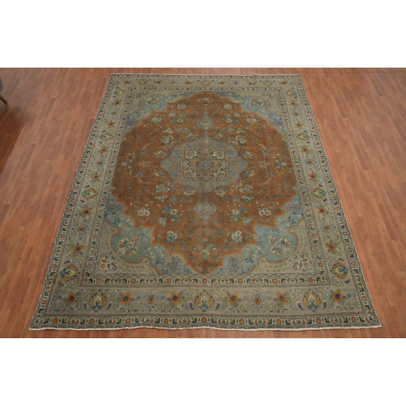 Hand Knotted Oriental 100% Wool Carpet Traditional Floral Brown Tabriz Area Rug - 13' 0'' X 10' 0''