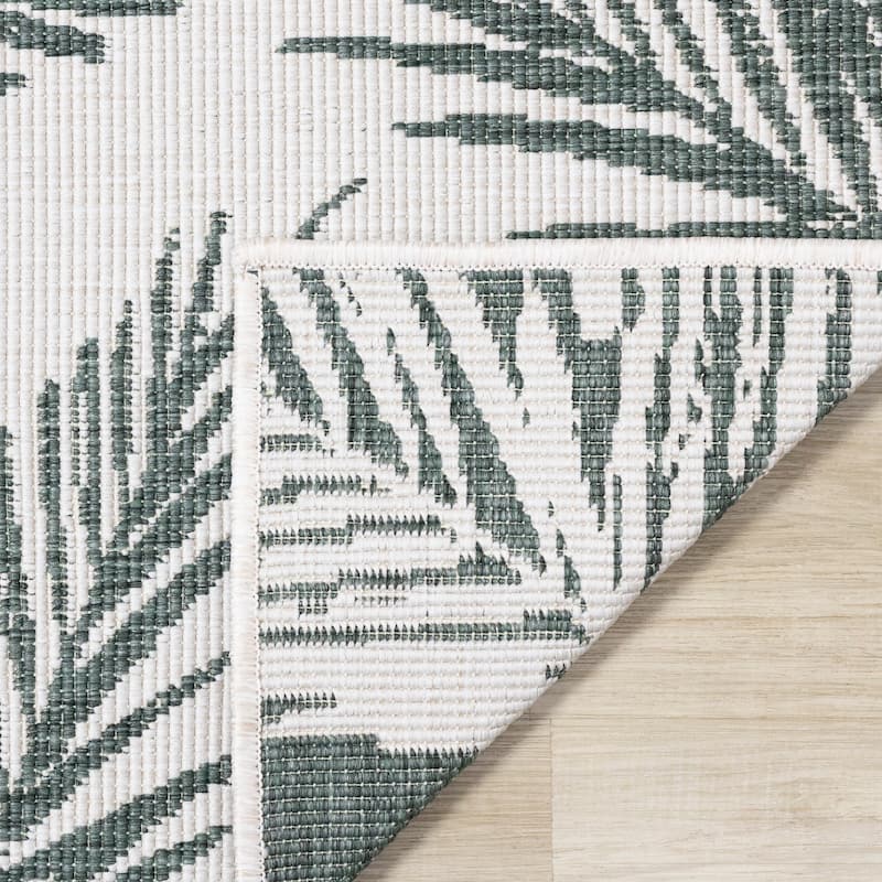Green Cream Reversible Leaves Indoor/Outdoor Area Rug