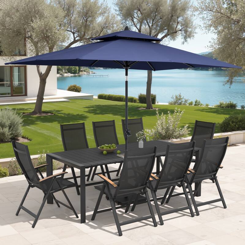 9/11-Piece Outdoor Patio Dining Set Aluminum Dining Table and Chairs w/10 ft Market Umbrella and Base with Wheels