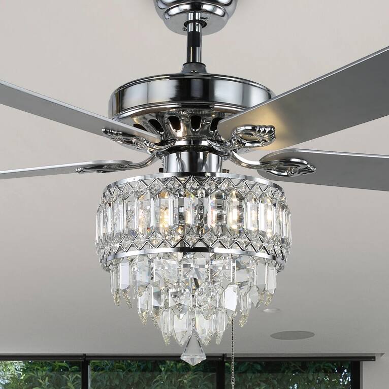 CurveCurio 52-inch Classic Ceiling Fan with Crystal Light Shade, 3 Light, Remote Control and Pull Chain Control for Living Room - Chrome