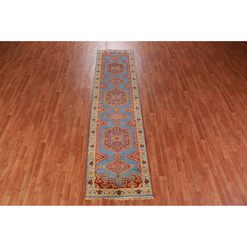 Hand Knotted Oriental 100% Wool Carpet Traditional Geometric Navy Blue & Blues Viss Runner Rug - 10' 0'' X 2' 6''