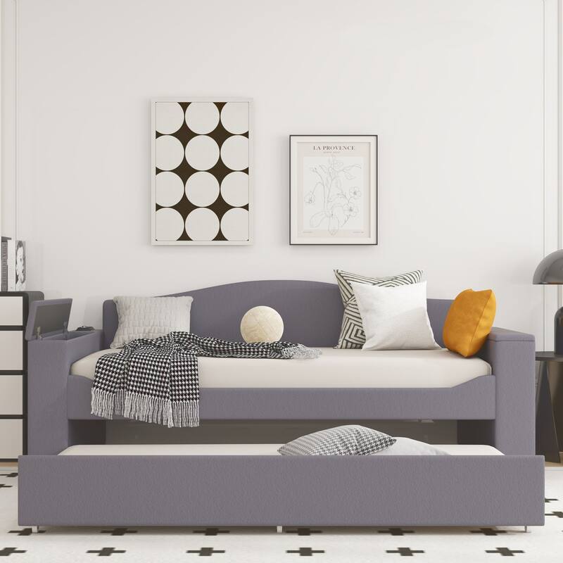 Sofa bed with storage arms, trundle bed and Bluetooth stereo - Grey - Twin