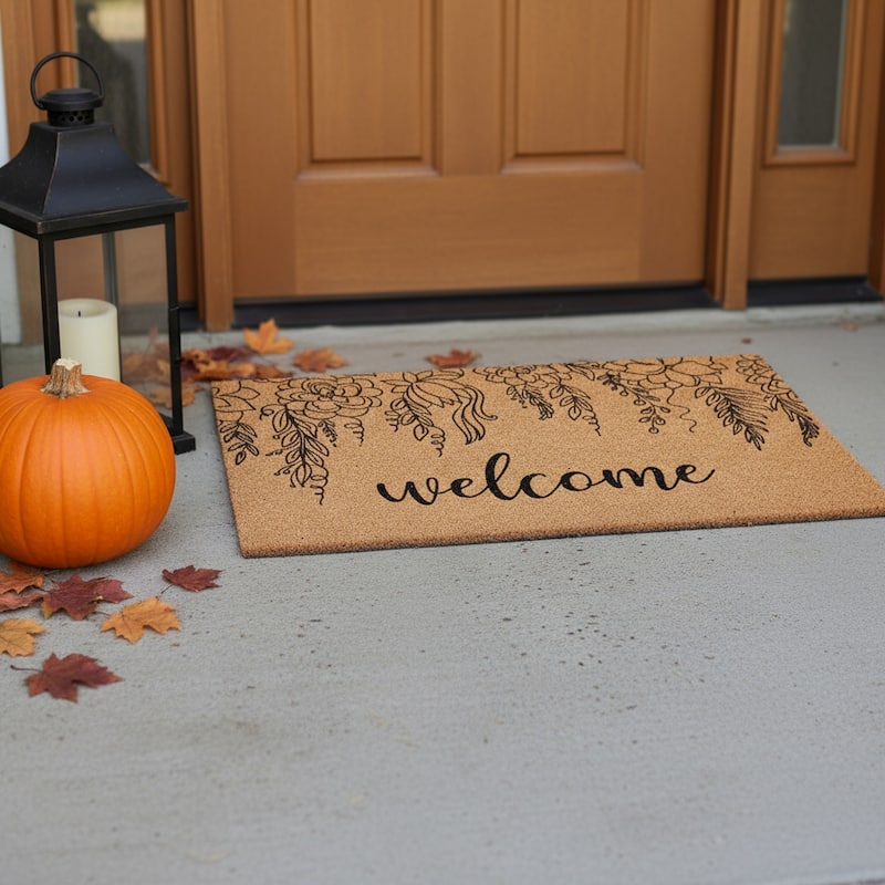HomeRoots 17" X 29" Brown And Natural Floral Welcome Outdoor Coir Door Mat - 17.00' X '29.00 - 17.00' X '29.00